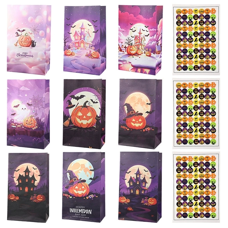 Halloween Paper Gift Bags with Sealing Stickers for Treat Packaging