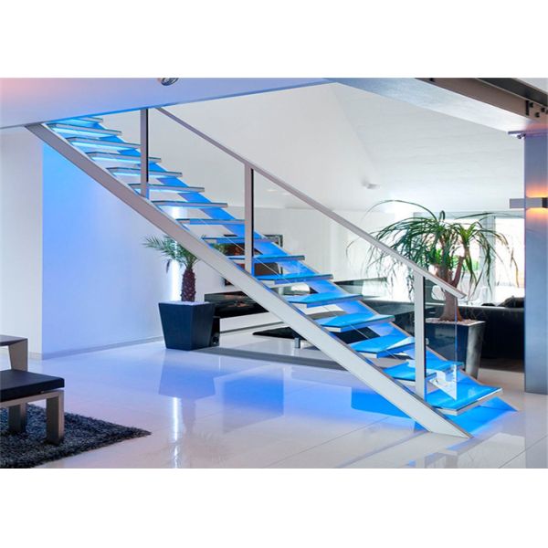 Led Light Glass Staircase Double Stringer Straight Flight Staircase With Tempered Glass Fence