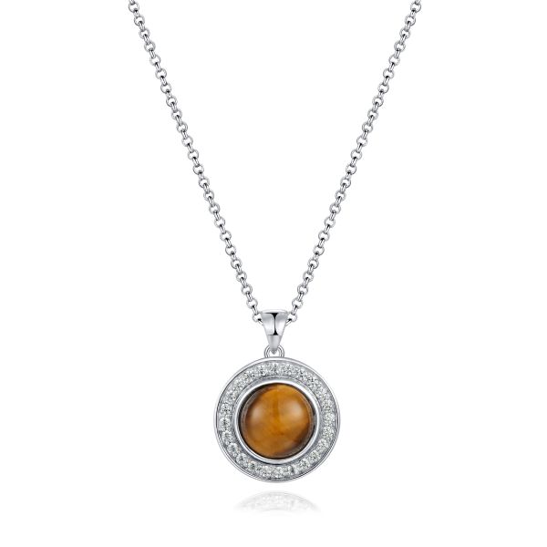 Women 925 Silver Gemstone Pendant Round Rhodium Plating Tiger Eye Stone Pendant