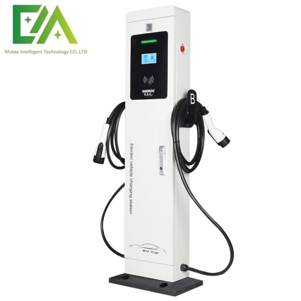 White Floor Post Double Gun Electric Vehicle Quick Charger With Screen Display Adjustment Function Charging Pile