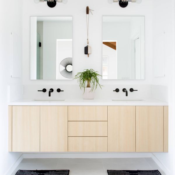 Single Sink Wood Grain Bathroom Vanity Wall Mounted Surface Handless Cabinet Light