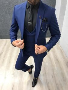 Cheap Navy Blue Custom Mens 3 Piece Tuxedo Suit For Groom