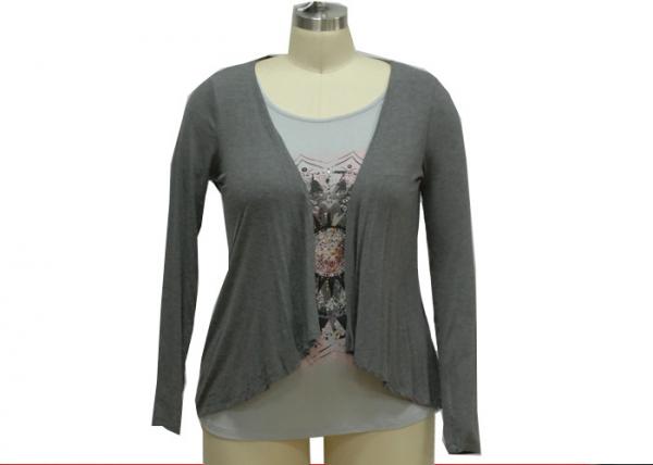 Quality Ladies Casual Long Sleeve T Shirt Open Front Cardigan And Front Print With Metical Studs wholesale