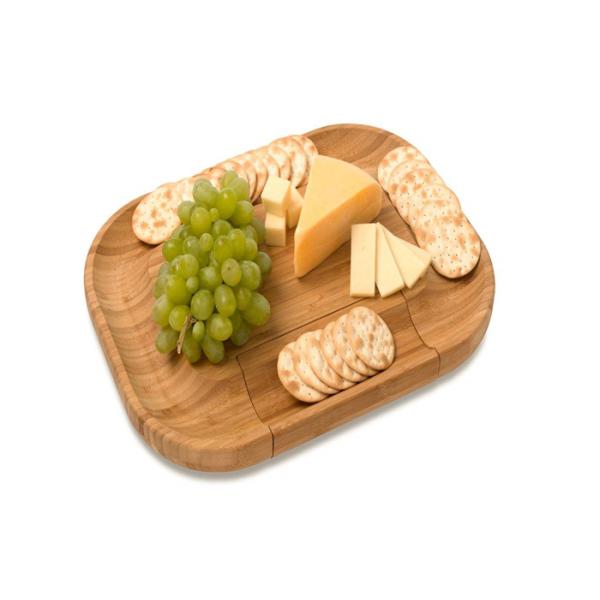 Fancy Bamboo Cheese Board Set No Plastic With Cutlery In Slide - Out Drawer