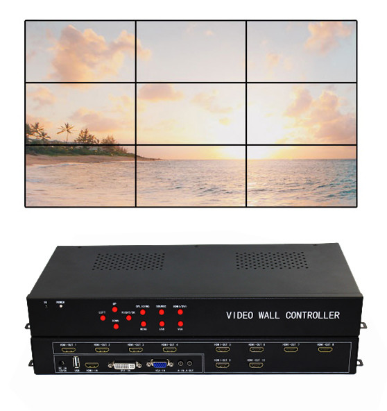 FCC CE Rohs 1 IN 9 OUT Video Matrix 3x3 TV Video Wall Controller With 9 Screens