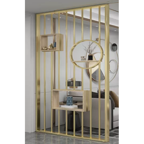 Sleek Stainless Steel Partition Screen with Display Shelf Design