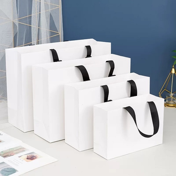 Paper Shopping Bags with Wide Ribbon Handles for Boutique Retail Packaging