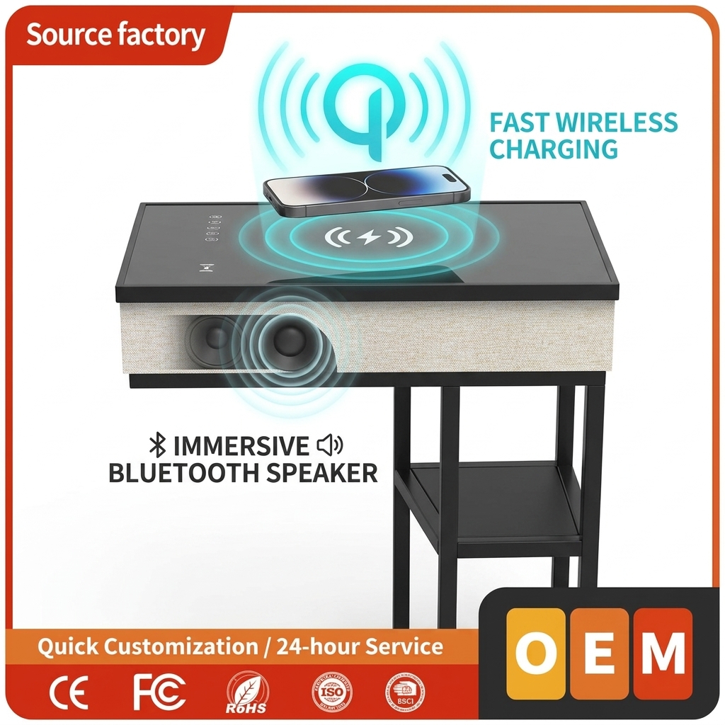 Wireless Charging Side Table ATC730 65W Qi Desk Bedside Table Modern Bedroom Built-in Speaker