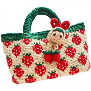 Cheap White Woven Cotton Bag , Strawberry Womens Crochet Handbags 32cm×25cm for sale