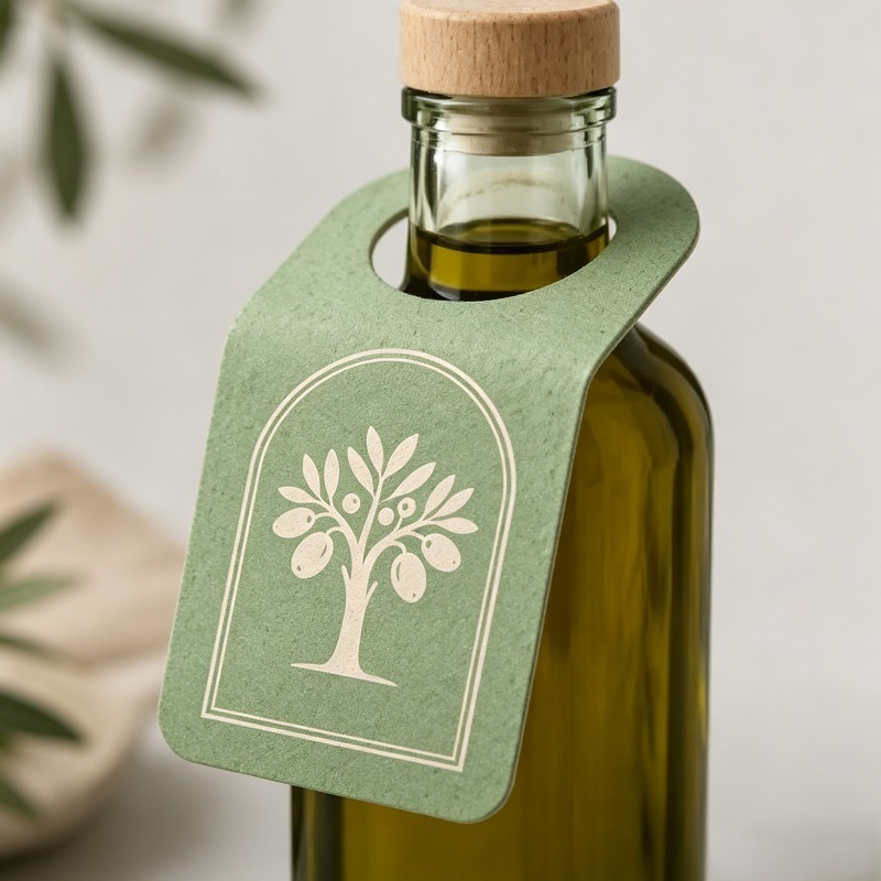 Custom recycled pulp paper olive oil neck tag for artisan cruets