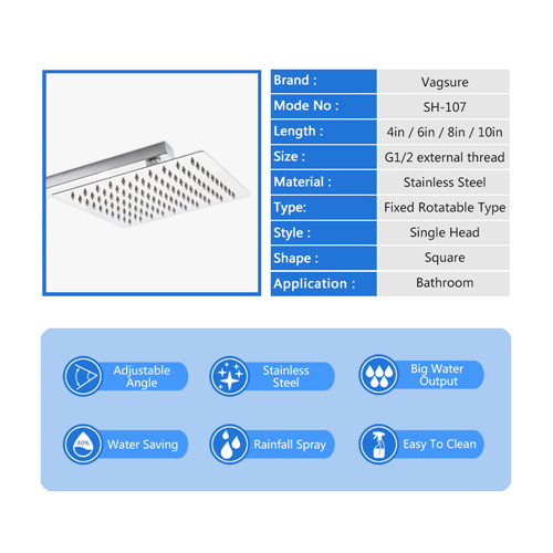 Mirror Effect Square Rain Shower Head , 360 Degree Rotation Waterfall Shower Head