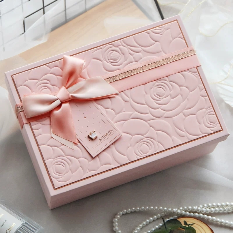 Luxury Embossed Rose Rigid Gift Box With Satin Ribbon And Lift-Off Lid