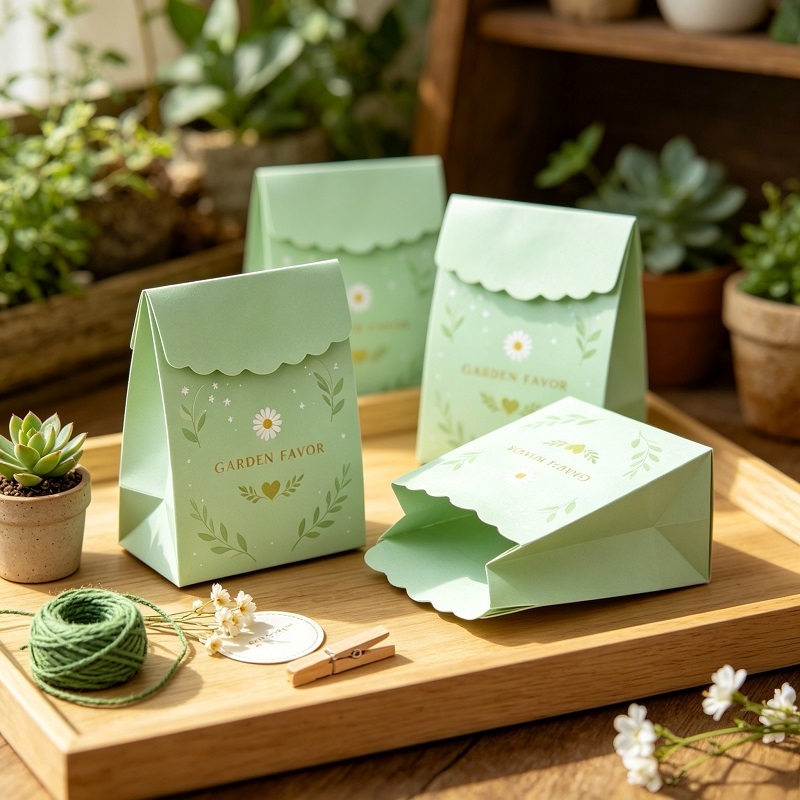 Scalloped flap mini paper favor bags with block bottom for wedding packaging