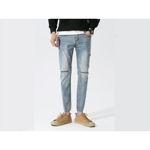 28-36 Lignt Blue Jeans Men'S Denim Pants With Rips Slim Fit Cotton Fabric