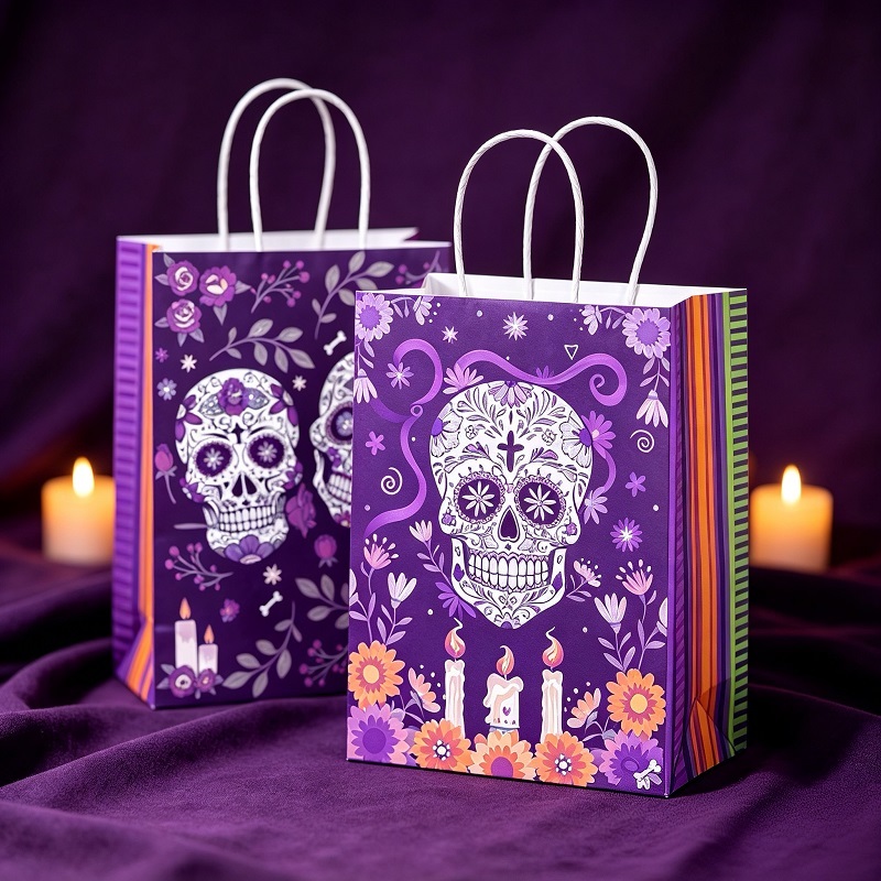 Calavera motif paper treat bags for ofrenda with twisted handles