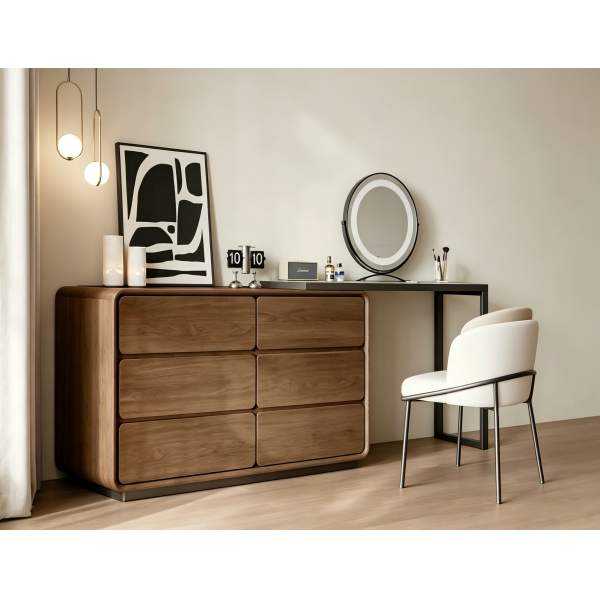 Mid-Century Walnut Wood Bedroom Makeup Desk With Storage Extendable Dresser And Vanity Combo