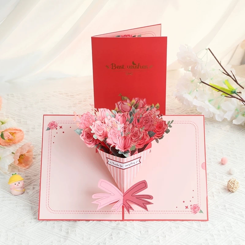 3D Floral Bouquet Pop Up Greeting Card With Striped Cone Design