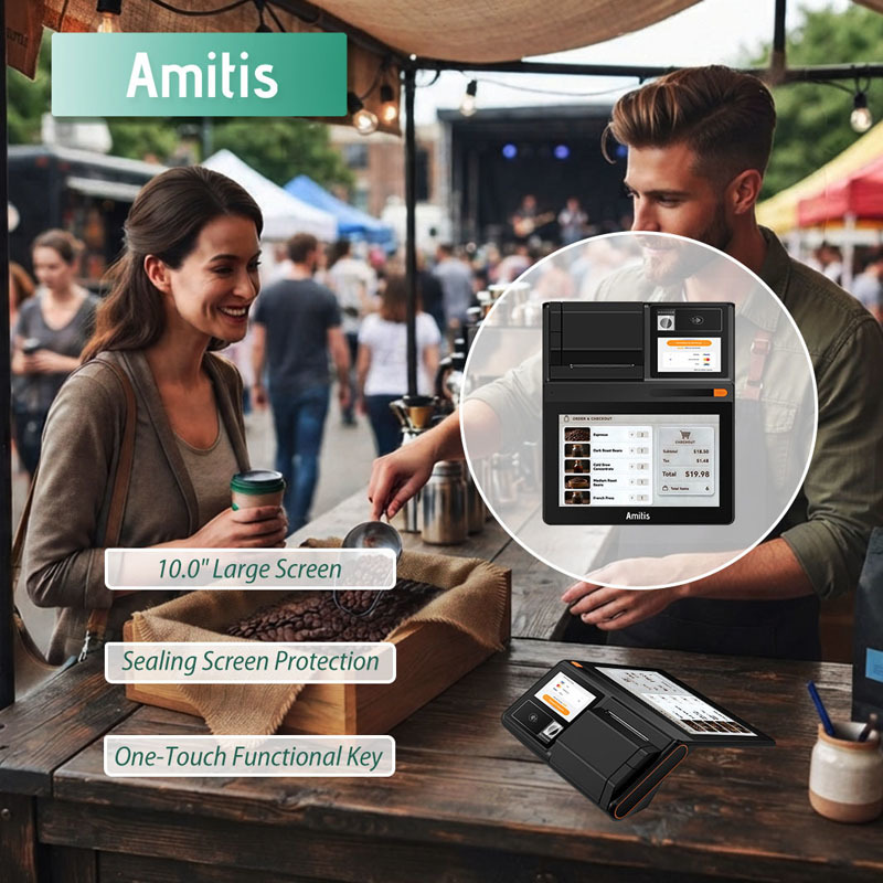 10 Large Display Android POS Terminal with DC Power and 80mm Printer Option for Indoor Markets