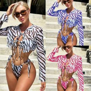 China Striped Printed 3 Piece Swimwear Shirt Collar Mesh Sexy Three Piece Bikini Set on sale