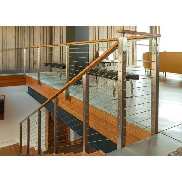 Square Stainless Steel Rope Fence Stainless Steel Railing With Solid Wood Handrail