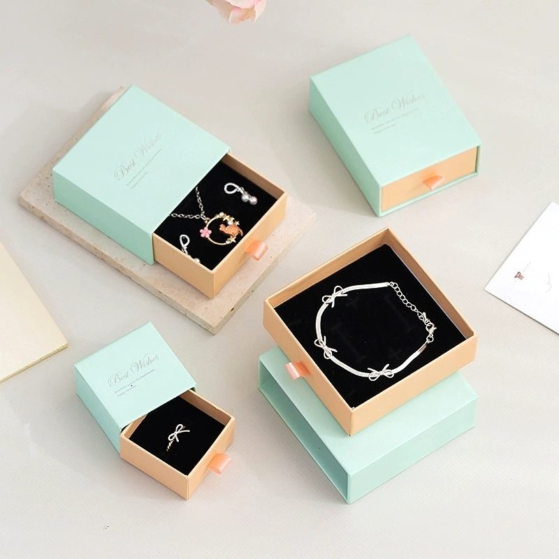 Sliding Drawer Jewelry Packaging Box Set With Ribbon Pull Tab And Gift Bag