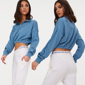 Cheap Zip front crop sweater long sleeves blue for sale