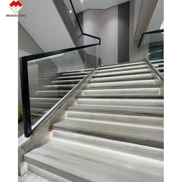 Wooden Veins White Marble Staircase LED Customized Size Step Tiles for Straight Stair