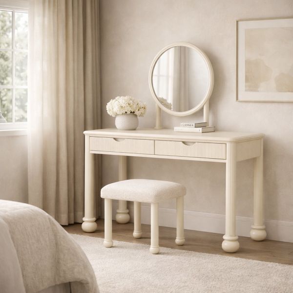 Lunara Solid Wood Vanity Table with Integrated Round Mirror and Spacious Drawers