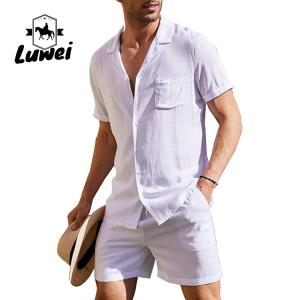 Cheap Summer Men Shorts Set Plain Flax Cotton Breathable Solid Color Two Piece Suit for sale