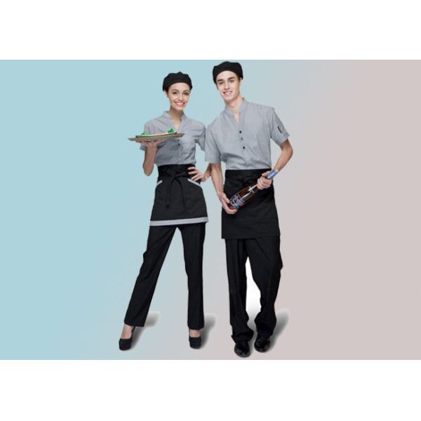 100% Cotton Trendy Restaurant Uniforms Lapel With Bow Tie For Restaurant Staff