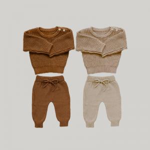 Cheap Baby Chunky Knitwear Handmade Crew Neck Sweaters Pullover Knitted Long Pants 2Pcs Lounge for sale