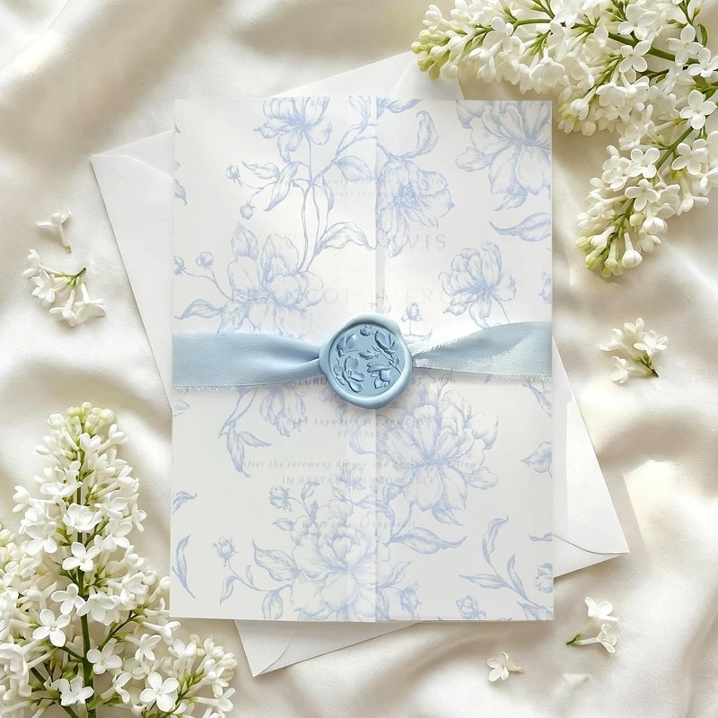Custom vellum jacket wedding invitation cards with wax seal and ribbon