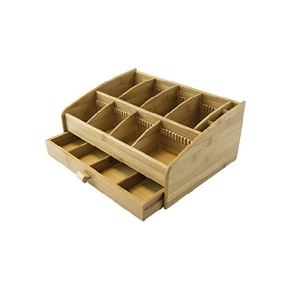 2 Tier Bamboo Storage Organizer Box Multi Components Shrink Wrap Packaging