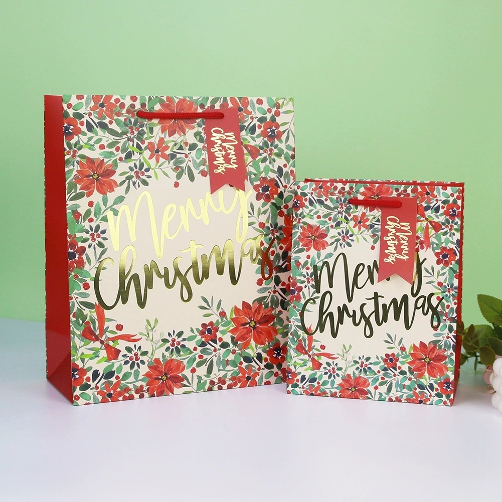 Holiday Paper Gift Bags with Handles and Foil Stamped Merry Christmas Print