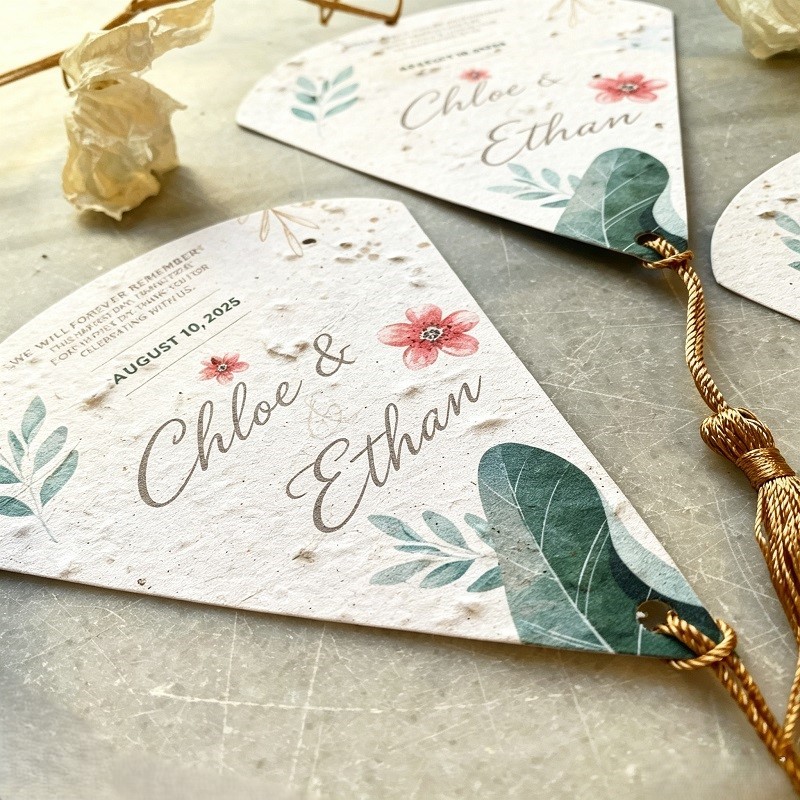 Seed Paper Wedding Fan Cards With Tassels And Plantable Wildflower Blend