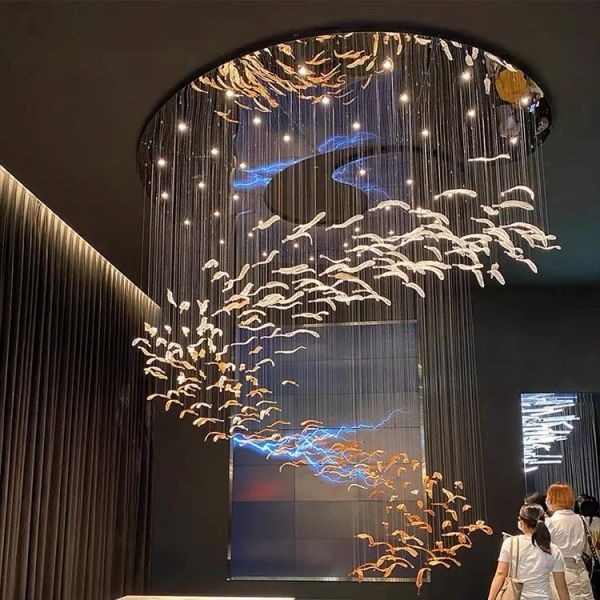 Custom Made Designer Chandeliers Large Staircase Decoration Hotel Lighting Artistic Murano Glass Feather LED Hanging Chandelier