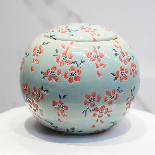 Decorative Ceramic Funeral Urn with Red Berry Design