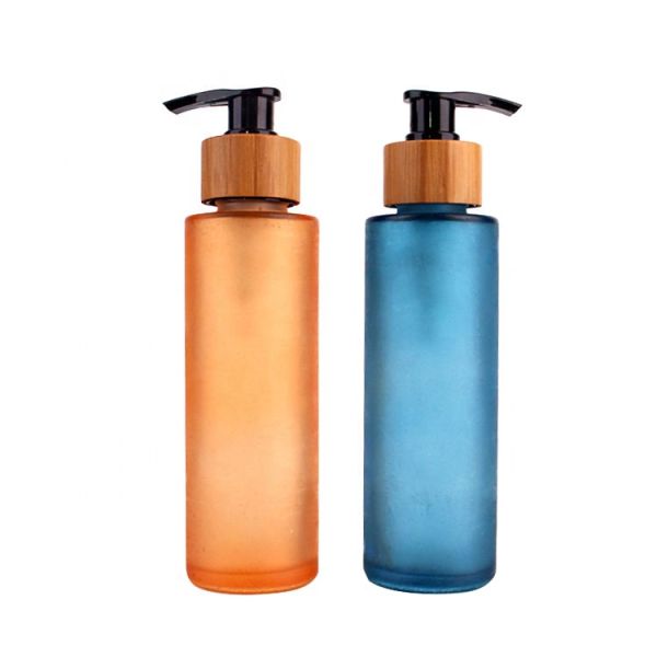 Refillable Frosted Glass Lotion Bottles Empty Cosmetic Bottles With Wooden Cover And Pump