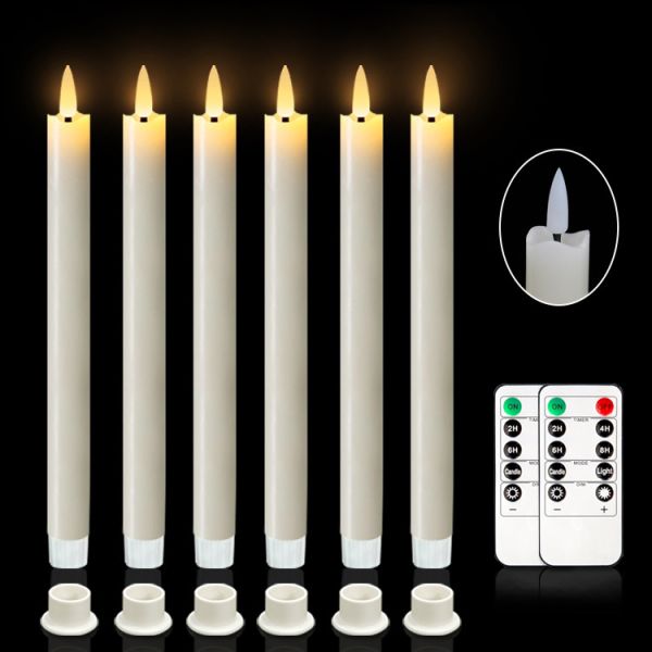 Wholesale Flameless Ivory Taper Candles Flickering with 10-Key Remote, Battery Operated Led Warm 3D Wick Light Window Candles Real Wax Pack of 6, Christmas Home Wedding Decor(0.78 X 9.64 Inch)