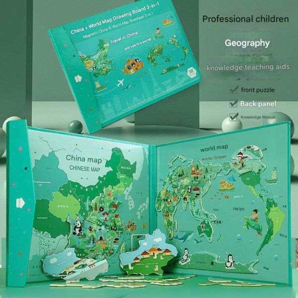 Wholesale Three-in-One Magnetic Jigsaw Puzzle Children's Cartoon Toy Paper World China Map Kindergarten Geographical PC