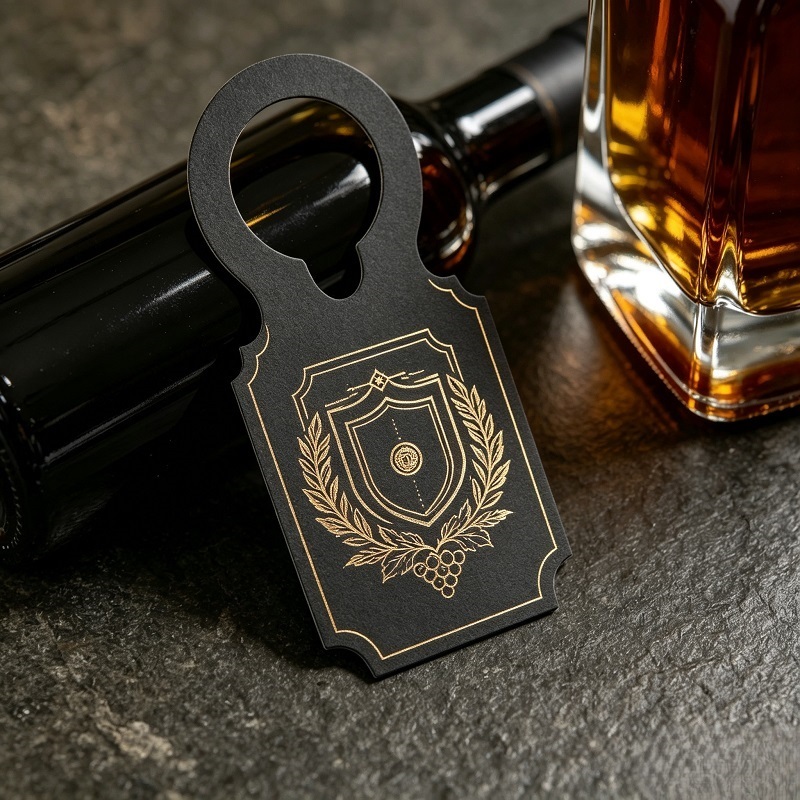 Black Vellum Paper Liquor Neck Tag With Gold Foil For Bottle Packaging