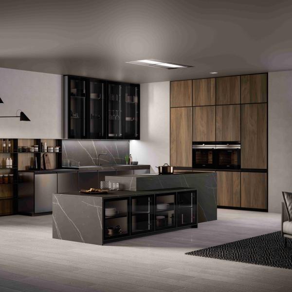 Luxury Home Furniture Modular Walnut Wood Veneer Matt Black Color Glass Door Kitchen Cabinets Modern Design