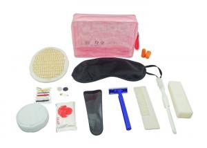 China Disposable Plane Travel Kit With Pink PVC Pouch / Loofah Pad / Earplug / Sewing Kit on sale