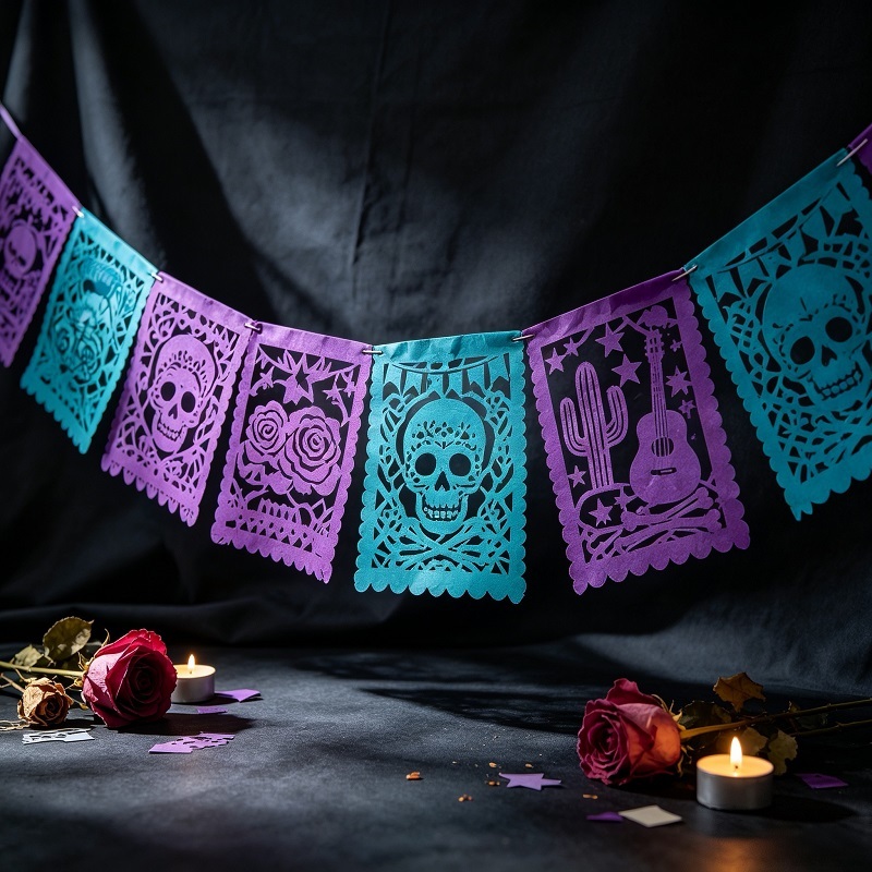 Artisanal papel picado banners for ofrenda with traditional laser cut motifs