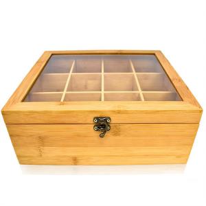 Cheap Transparent Lidded Wooden Box 12 Compartments Wood Tea Box Organizer for sale