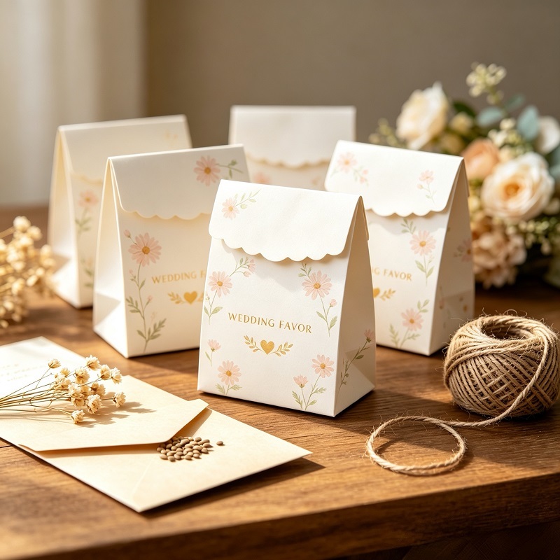 Scalloped flap mini paper favor bags with block bottom for wedding packaging