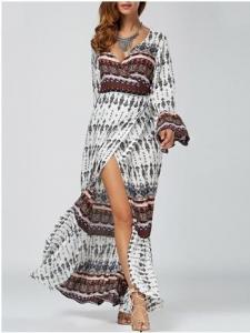 China Ethnic Print High Slit Bell Sleeve Wrap Dress Bohemian beach long woman dress on sale