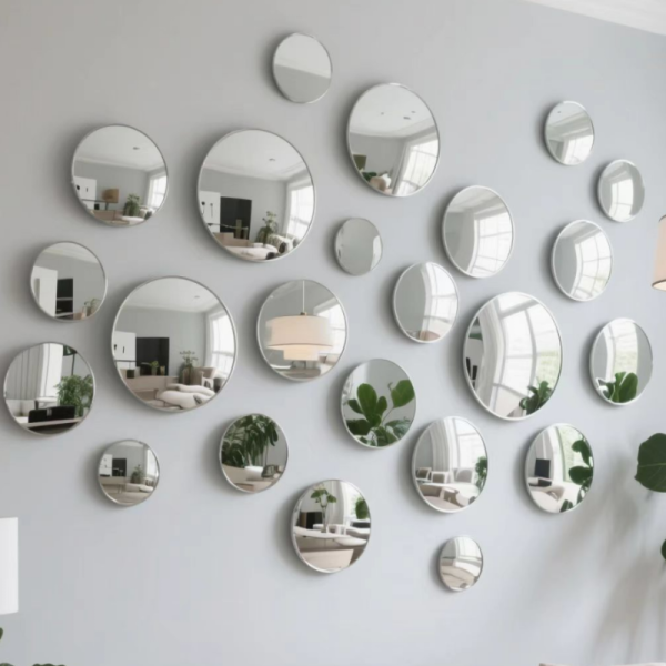 Round Silver Wall Mirror Set Multi-Size Decorative Circular Mirror Stick On Modern Wall Art Mirror For Living Room Bedroom Home Decor Indoor Outdoor