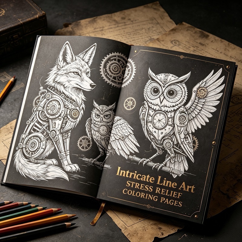 Steampunk Mechanical Animals Coloring Book Hardcover For Stress Relief