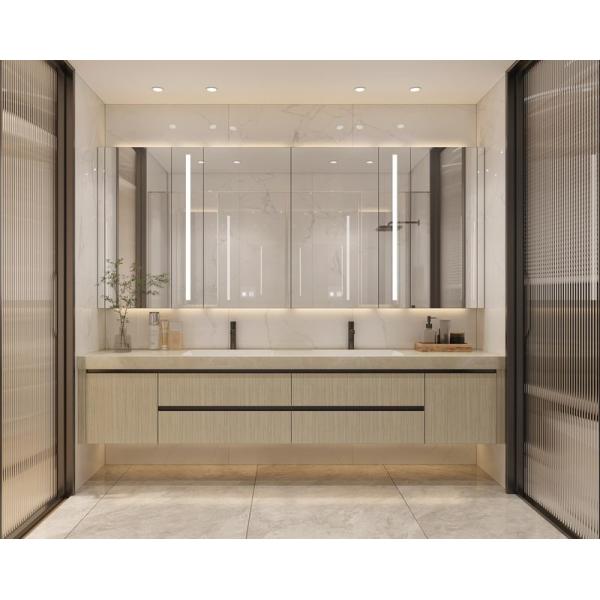 Wood Grain Stainless Steel Floating Bathroom Vanity with LED Mirror